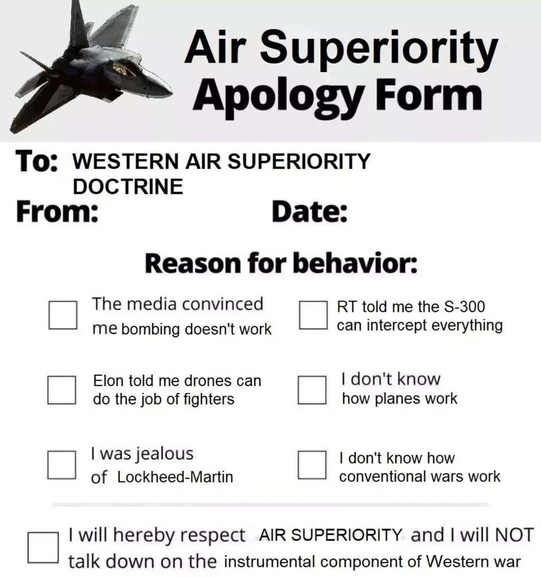 Бланк извинений за недооценку превосходства в воздухе, с вариантами причин и заявлением об уважении западной военной доктрины