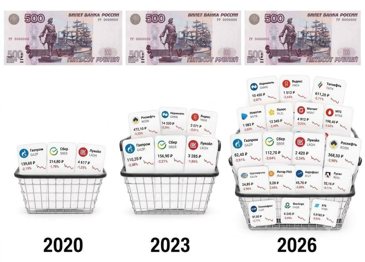 Три корзины с акциями российских компаний за 2020, 2023 и 2026 годы, над которыми лежат купюры по 500 рублей