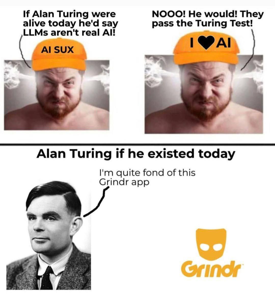 Мем про Алана Тьюринга и Grindr Мем, где Алан Тьюринг говорит, что ему очень нравится приложение Grindr