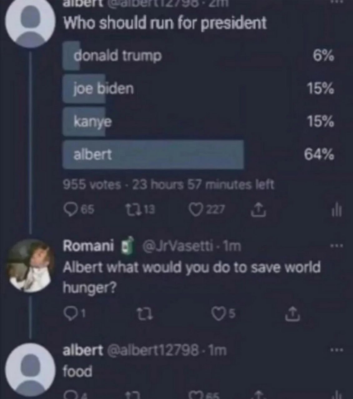 Albert food Опрос «Who should run for president» и ответ Альберта «food» на вопрос о мировом голоде.