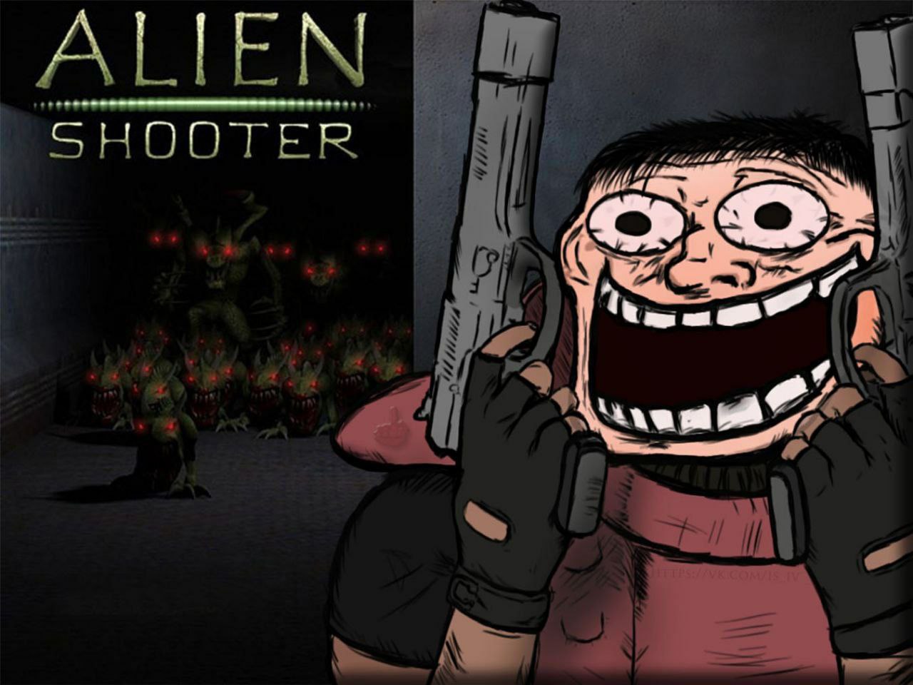 Мем про Alien Shooter с троллфейсом Мем с безумно улыбающимся троллфейсом в стиле Alien Shooter, держащим два пистолета на фоне множества монстров.