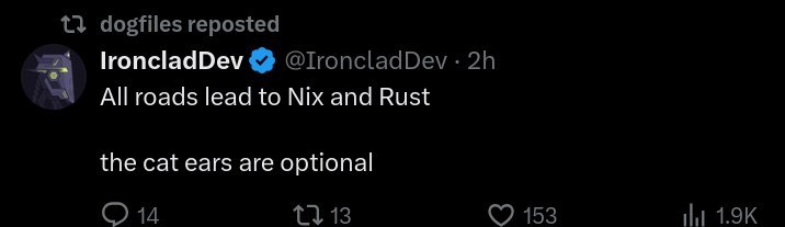 Скриншот твита: «All roads lead to Nix and Rust», а ниже — «the cat ears are optional».