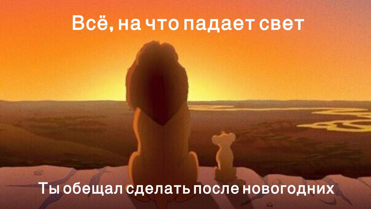 Всё, на что падает свет Мем с Муфасой и Симбой про обещания, которые нужно было сделать после Нового года