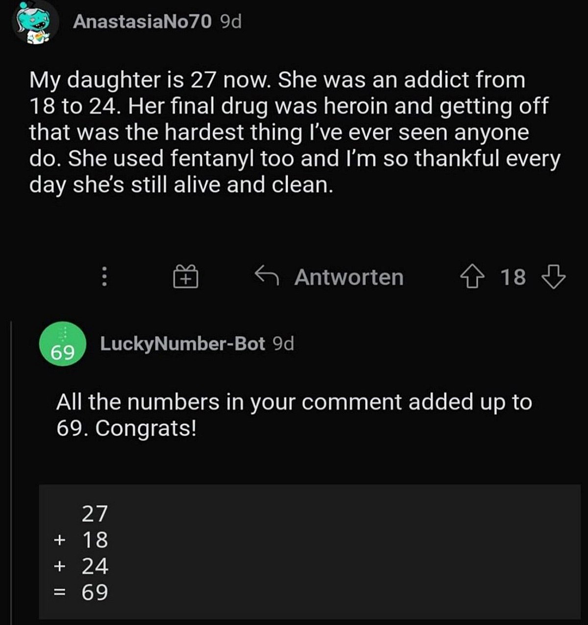 All the numbers in your comment added up to 69 Бот LuckyNumber-Bot реагирует на трогательную историю о зависимости, складывая числа до 69
