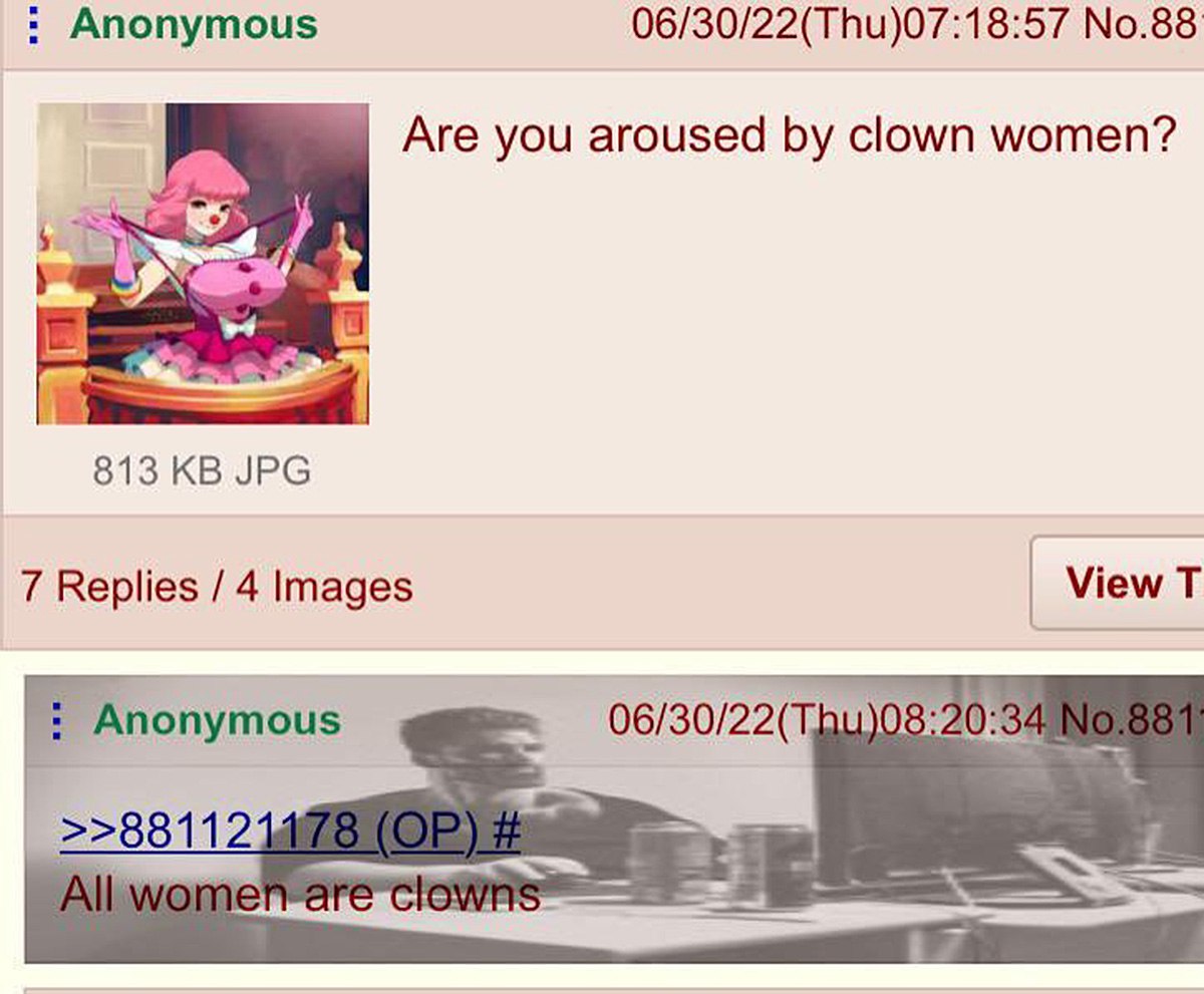 All women are clowns Мем с надписью "All women are clowns" и аниме-девушкой клоуном на имиджборде