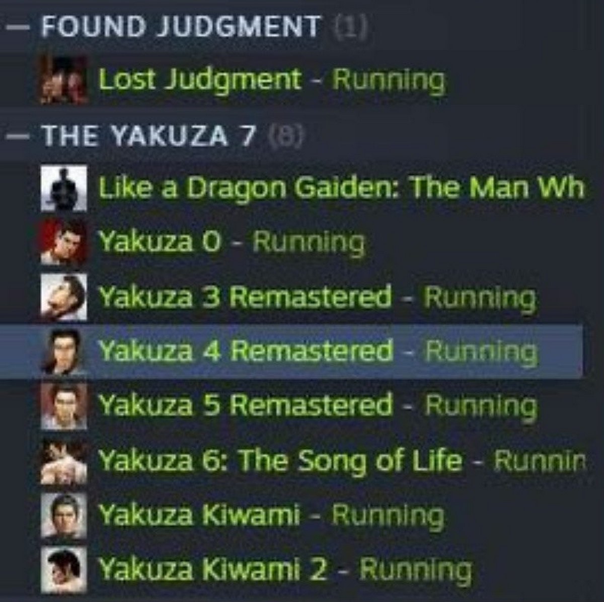 Все игры Yakuza запущены Скриншот, на котором показано, как все игры Yakuza и Judgment запущены одновременно в Steam.