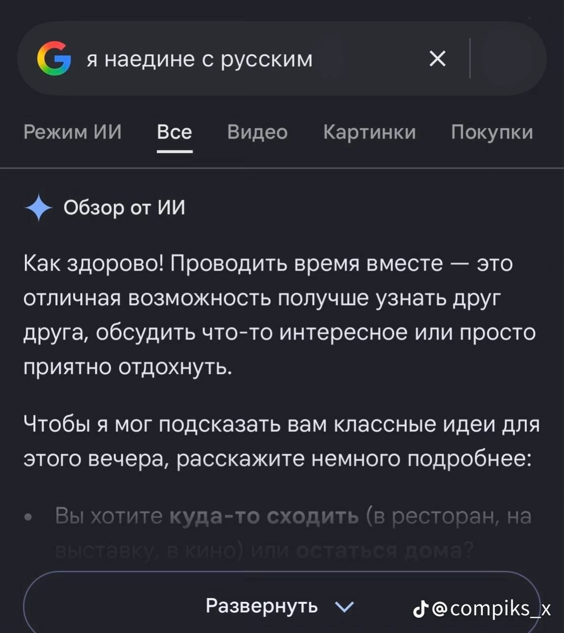 Google ИИ неправильно понял запрос «я наедине с русским» и начал предлагать идеи для совместного вечера.