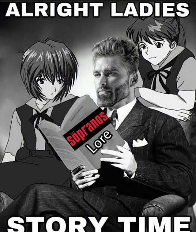 Alright ladies story time Две аниме-девочки слушают, как мужчина в костюме читает им книгу с надписью "Sopranos Lore".