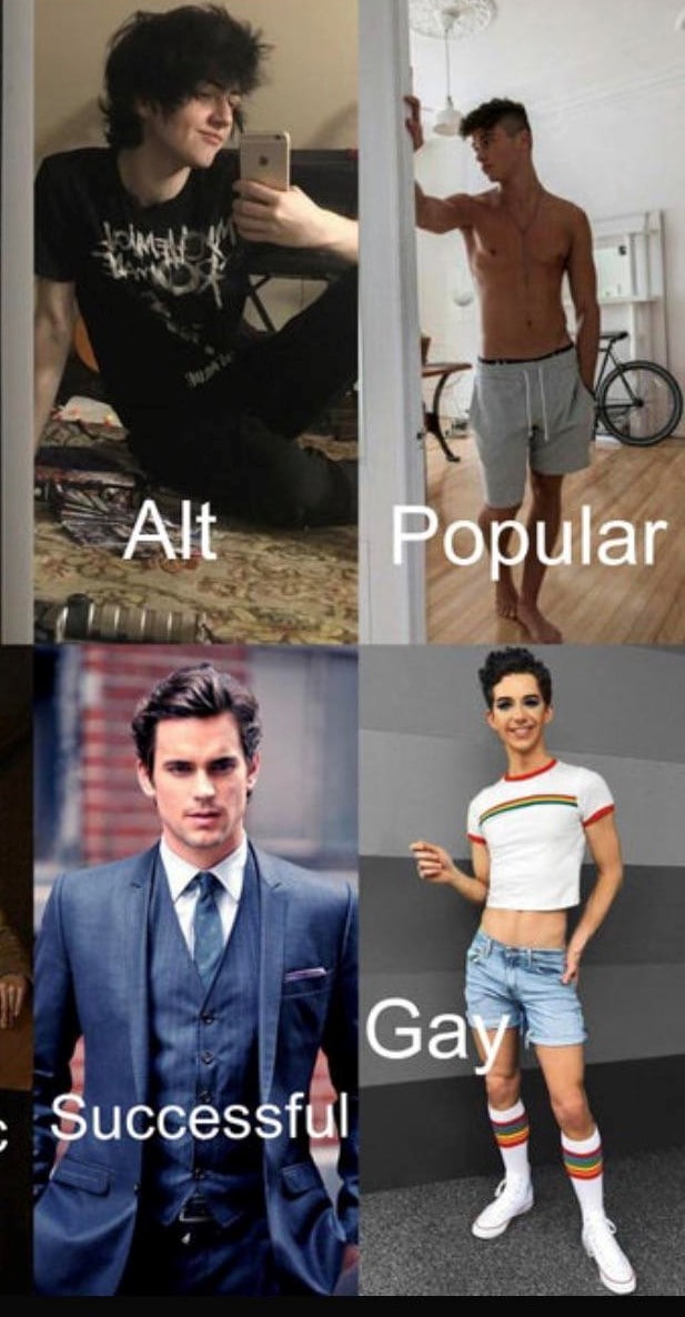 Alt, Popular, Successful, Gay Мем с четырьмя разными типажами мужчин: «Alt», «Popular», «Successful» и «Gay».