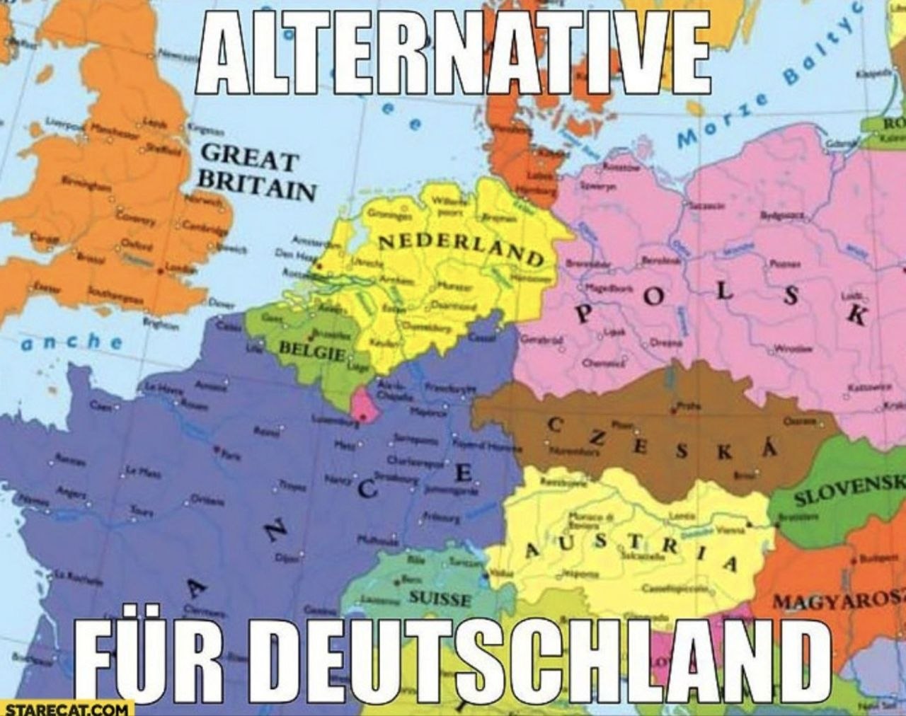 Сатирическая карта Европы с надписью «ALTERNATIVE FÜR DEUTSCHLAND» («Альтернатива для Германии») и необычными границами стран.