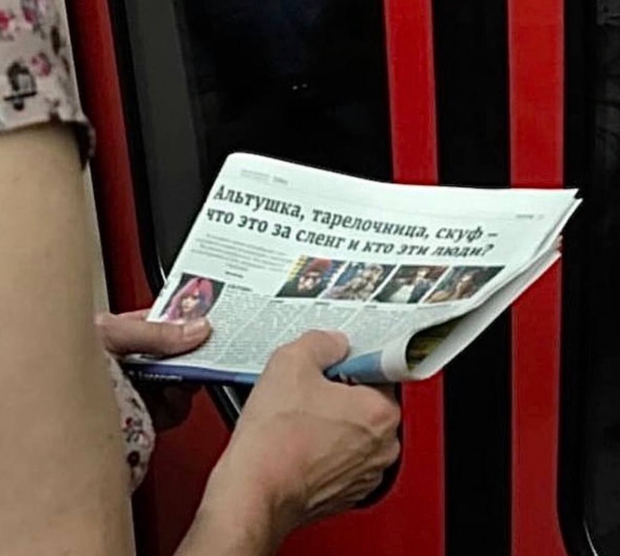 Альтушка, тарелочница, скуф Женщина читает статью о молодежном сленге