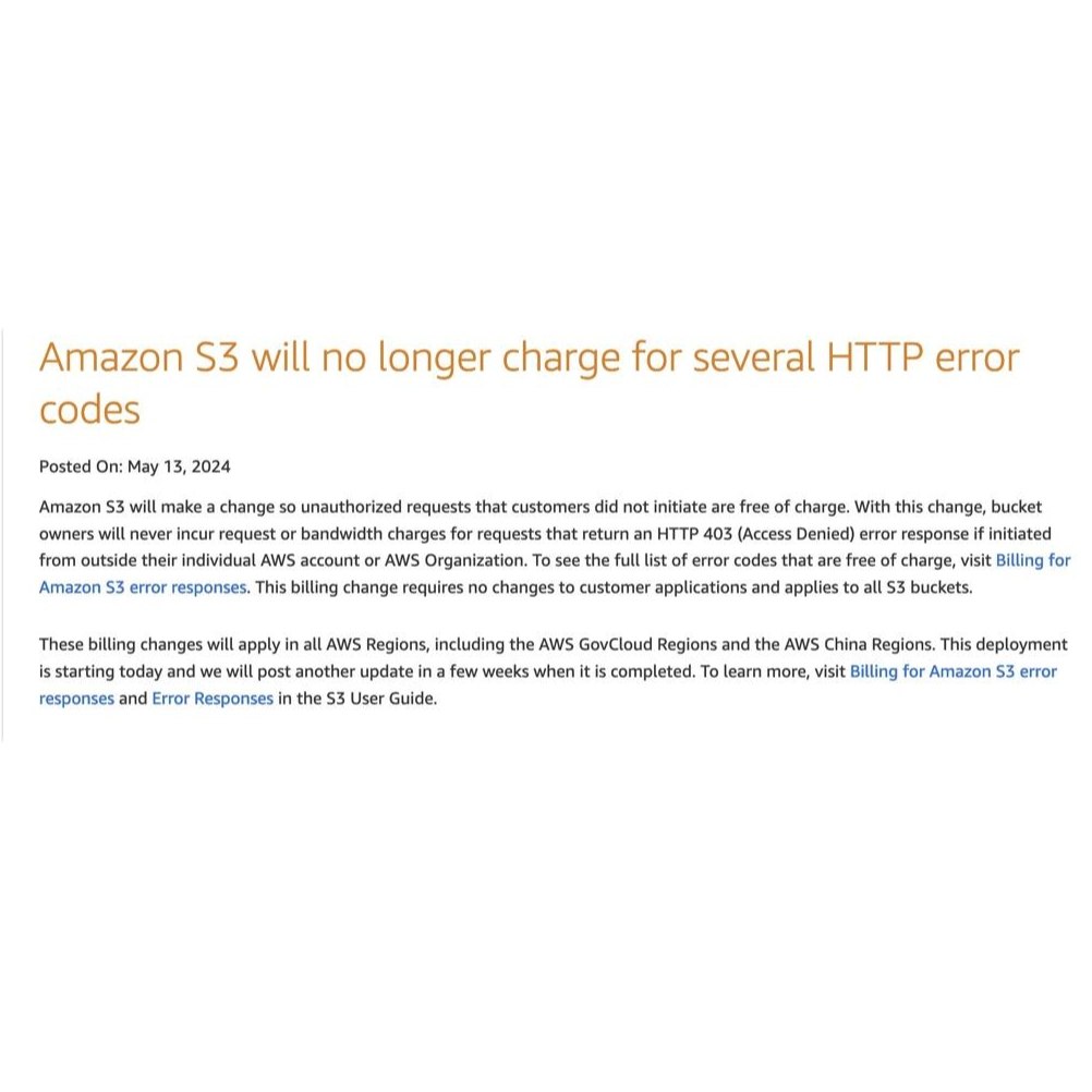 Уведомление Amazon S3: за некоторые HTTP-ошибки, включая 403 Access Denied, больше не будут взиматься сборы