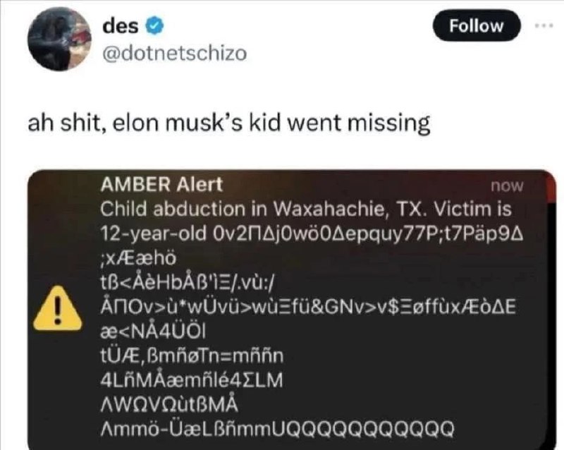 AMBER Alert: ребенок Илона Маска пропал Скриншот из Твиттера с уведомлением AMBER Alert о пропавшем ребенке Илона Маска с очень странным именем из символов