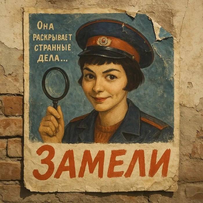 Амели раскрывает странные дела Постер «Амели» в стиле советского плаката с надписями «Она раскрывает странные дела» и «Замели»