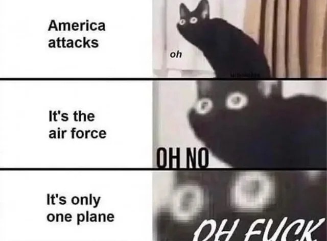 Мем с черным котом, реагирующим на атаку Америки одним самолетом