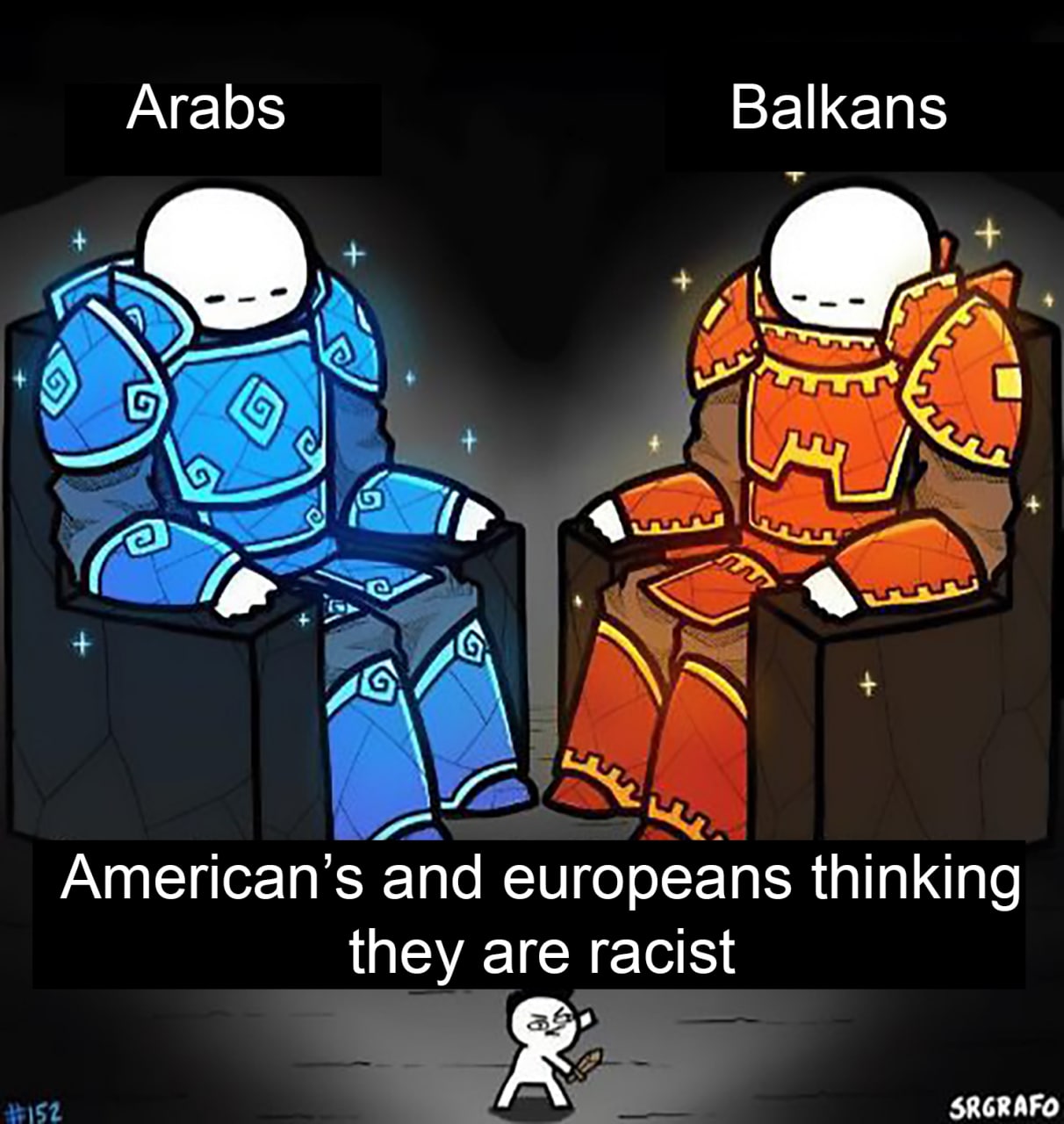 Американцы и европейцы думают, что они расисты Мем, где арабы и балканцы сидят в массивных доспехах, а внизу маленький человечек с мечом, изображающий американцев и европейцев, которые считают себя расистами.