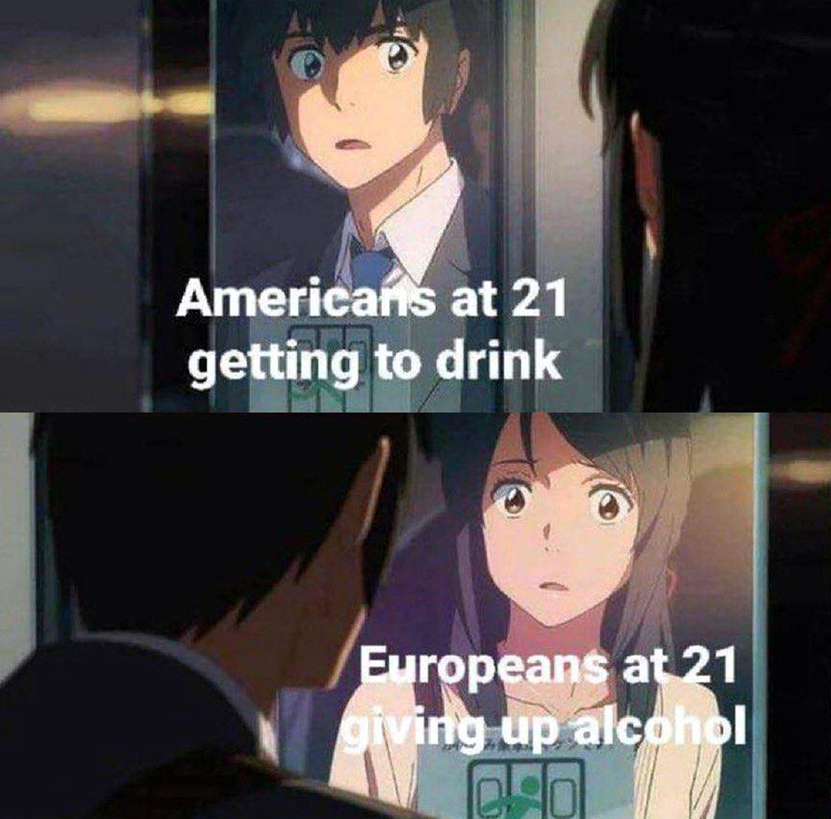 Americans at 21 getting to drink Мем про американцев в 21 год, которым можно пить, и европейцев в 21 год, бросающих пить