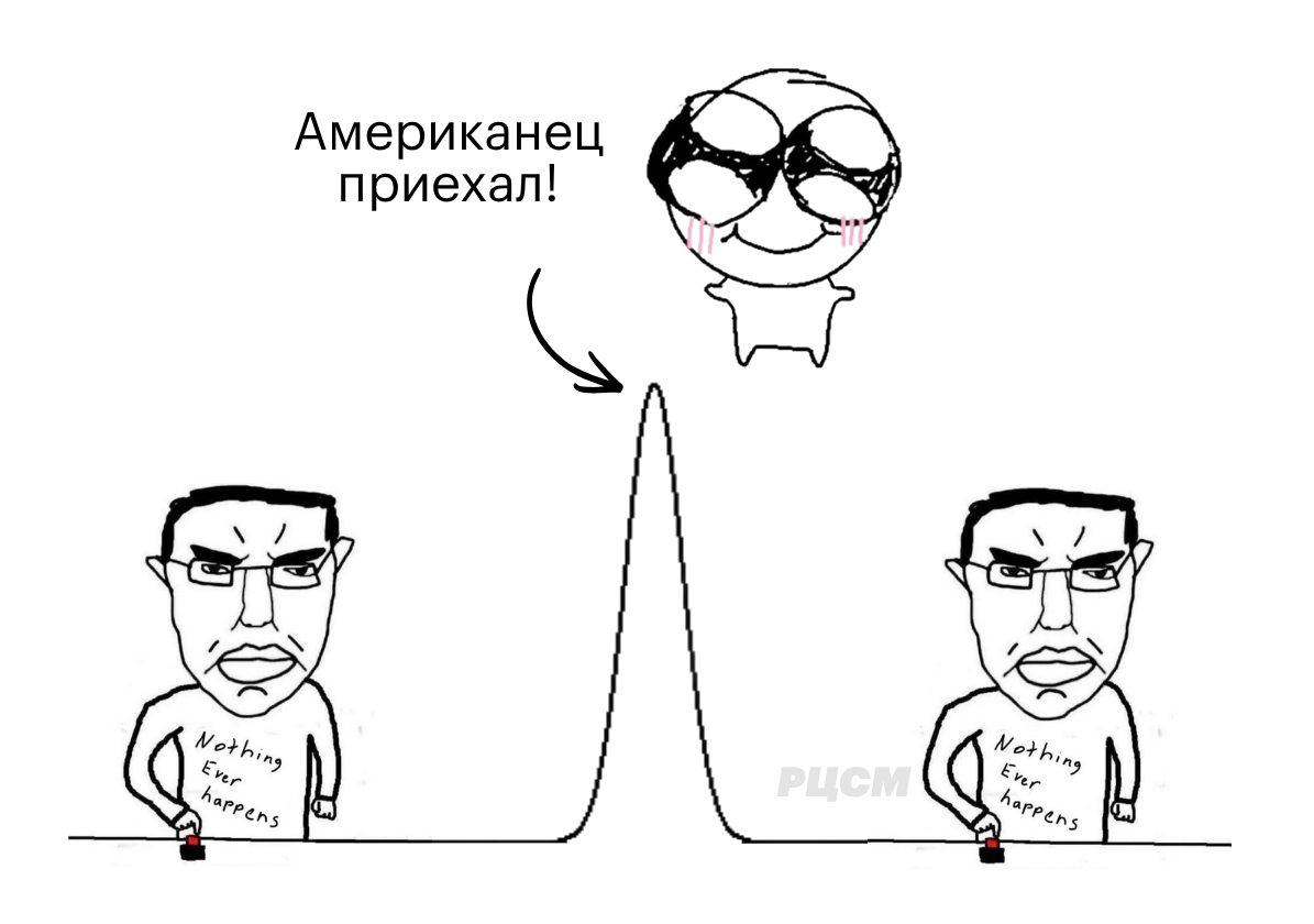 Два угрюмых wojak с надписью «Nothing Ever Happens» и всплеском посередине, над которым подписано «Американец приехал!»