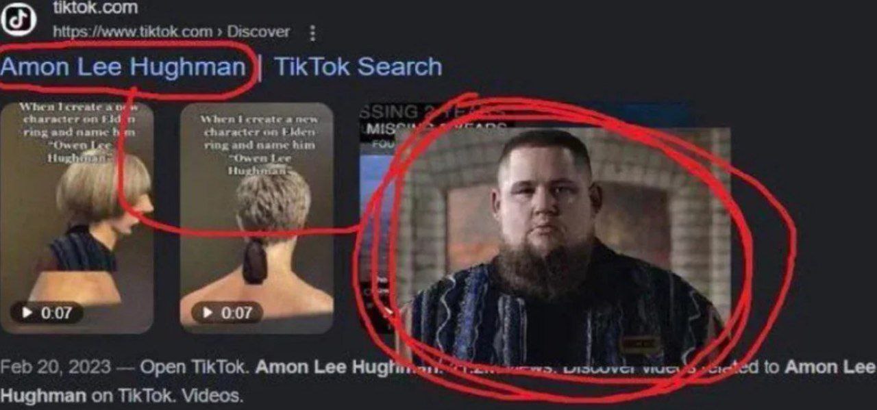 Amon Lee Hughman Мем с поисковой строкой TikTok и видео с персонажами Elden Ring, созданных в честь Амона Ли Хьюгмана
