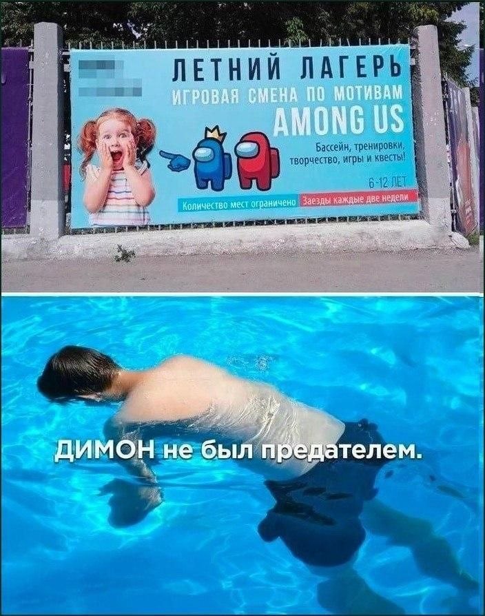 Реклама летнего лагеря по мотивам Among Us и подпись «Димон не был предателем» над человеком в бассейне