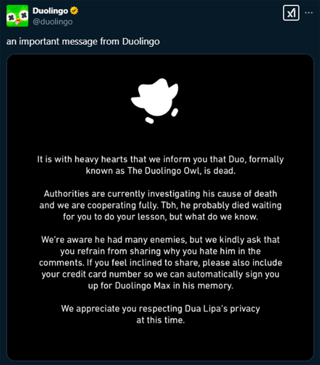 An important message from Duolingo Важное сообщение от Duolingo о смерти совы Дуо