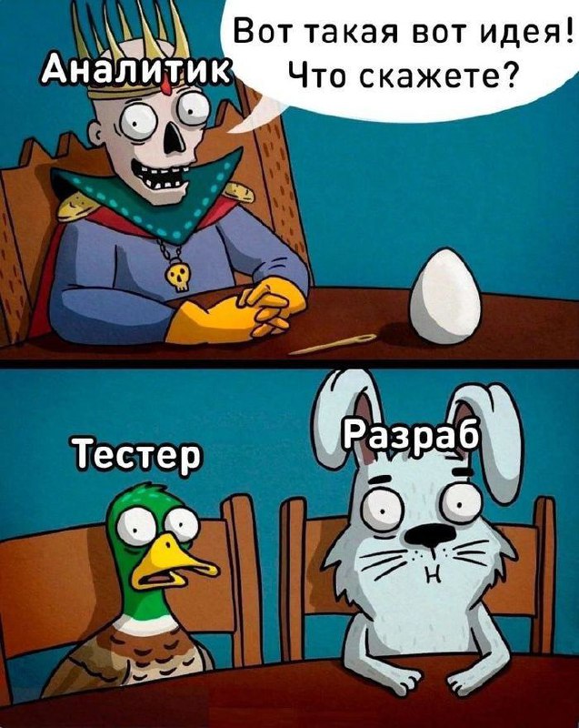 Аналитик, тестер, разраб и яйцо Мем про аналитика, тестера и разраба, где аналитик предлагает идею с яйцом, а тестер и разраб выглядят шокированными.