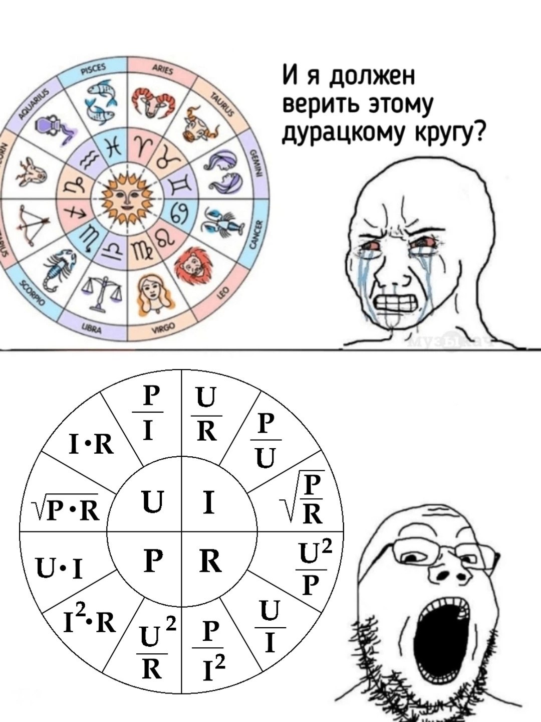 И я должен верить этому дурацкому кругу? Мем про зодиакальный круг и круг закона Ома с плачущим вояком и сойжаком