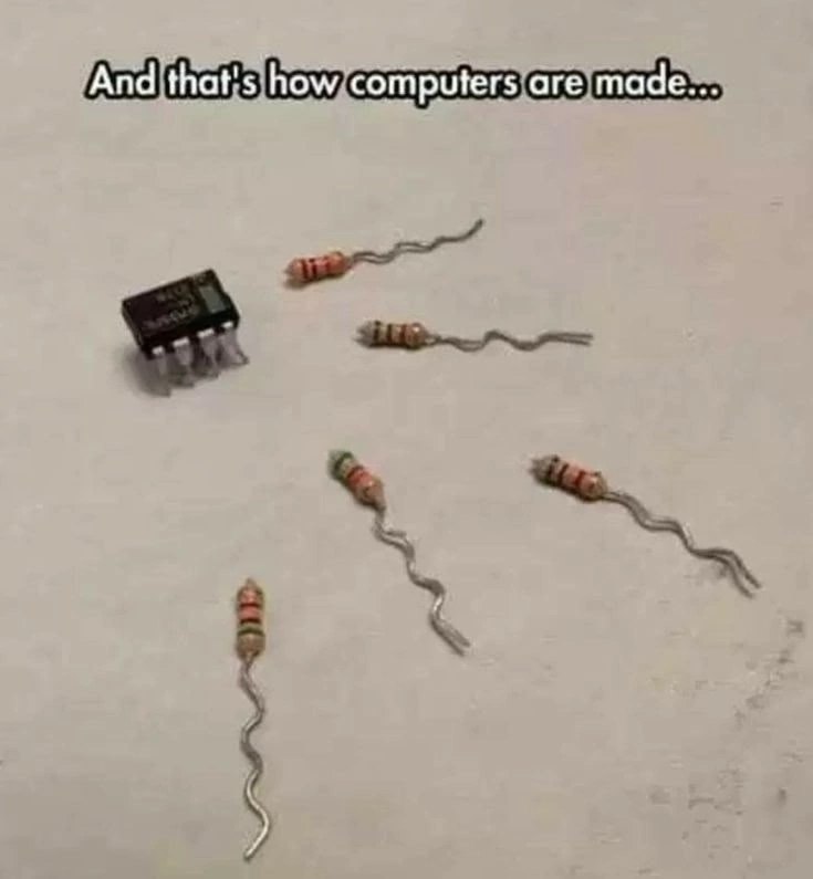 And that's how computers are made Так делают компьютеры: микросхема и резисторы, похожие на сперматозоиды