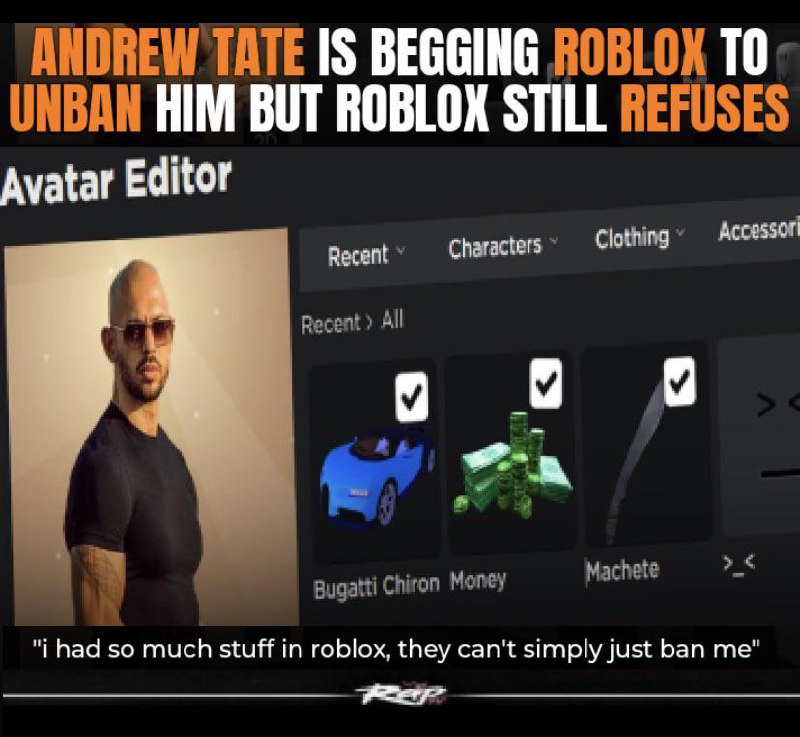 Эндрю Тейт умоляет Roblox разбанить его Эндрю Тейт умоляет разбанить его в Roblox, но ему отказывают.