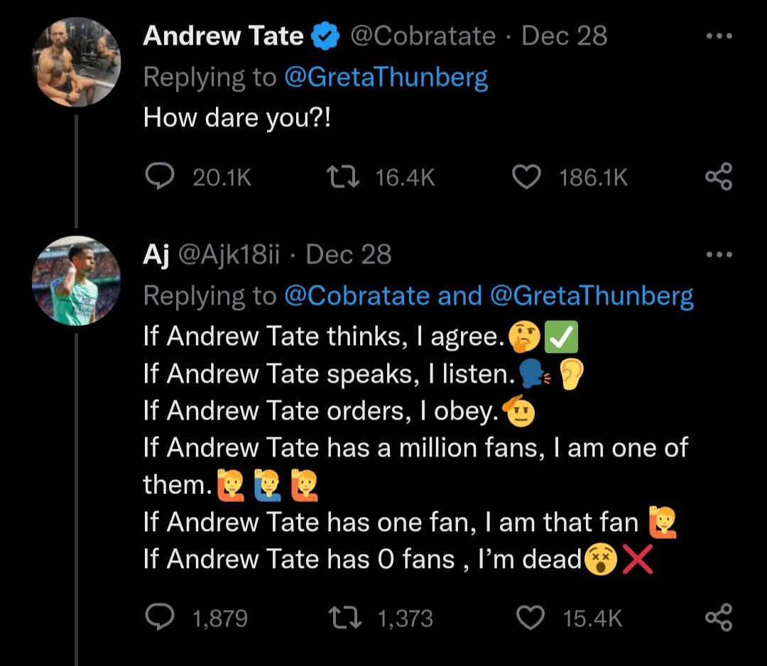 Andrew Tate How dare you Мем с двумя твитами про Эндрю Тейта, где один из пользователей выражает ему фанатичную преданность