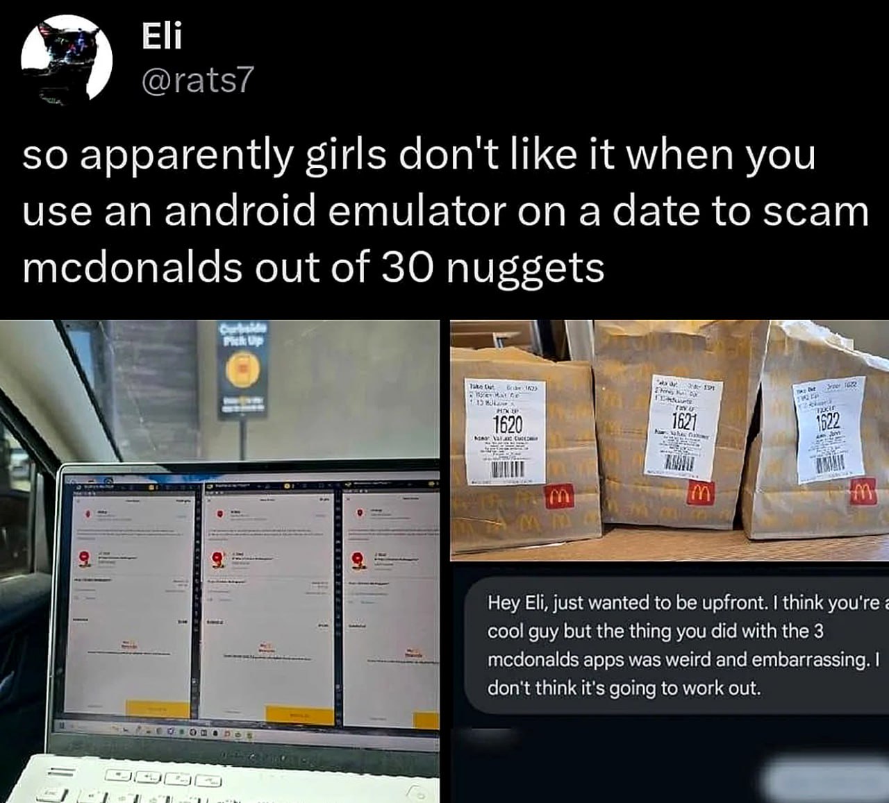 Android emulator McDonald's scam Девушка бросает парня, который использовал эмулятор Android для аферы с наггетсами в Макдональдсе