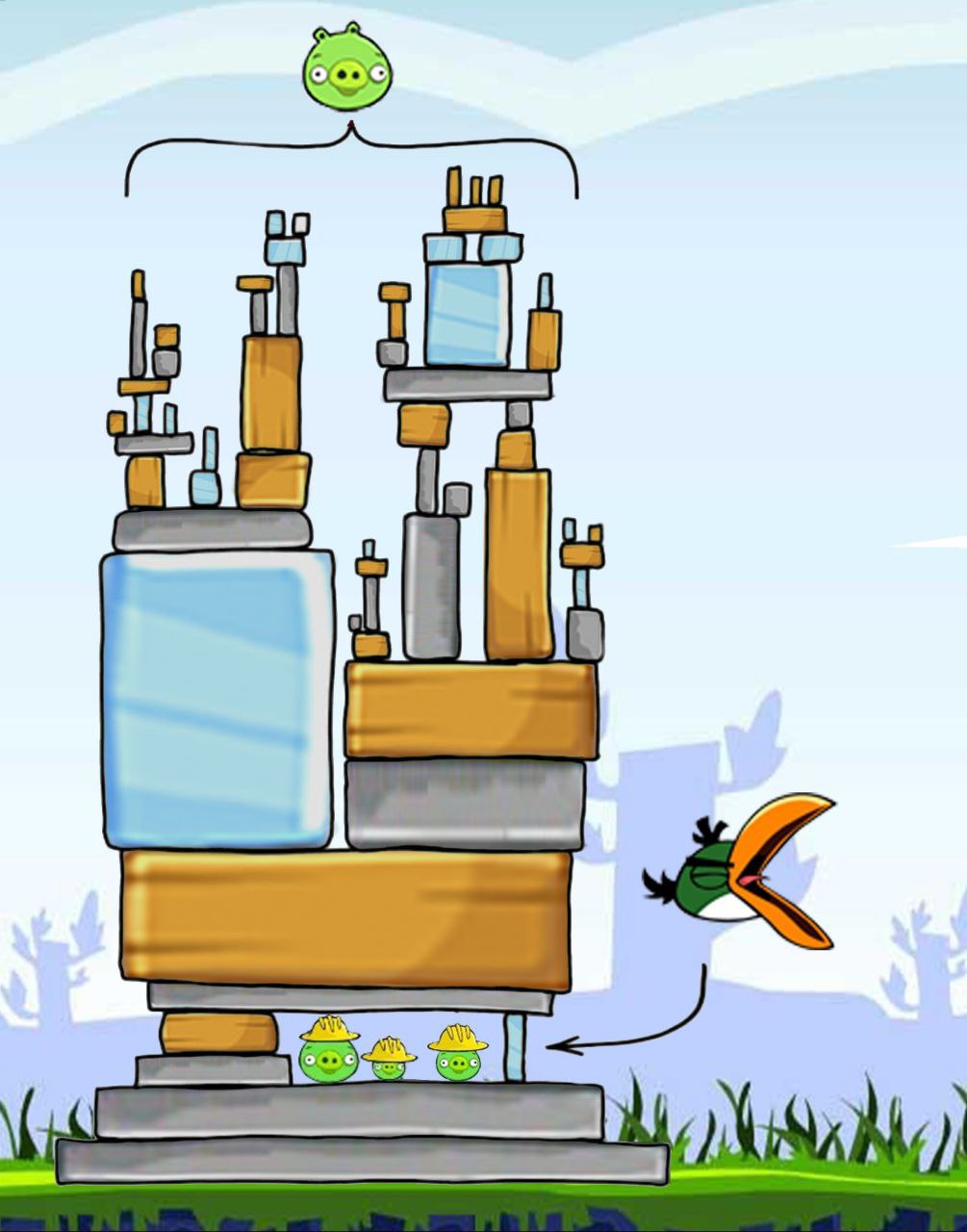 Свинья под блоками в Angry Birds Мем со свиньёй в каске, стоящей под грудой блоков в игре Angry Birds, в которую летит птица Тукан