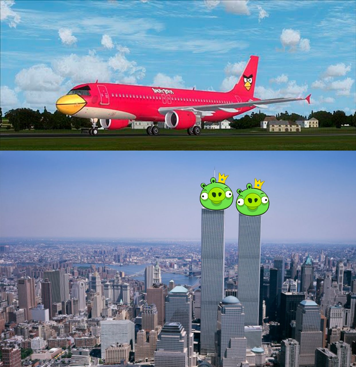 Самолет Angry Birds и башни-близнецы Самолет Angry Birds летит к башням-близнецам со свиньями сверху.