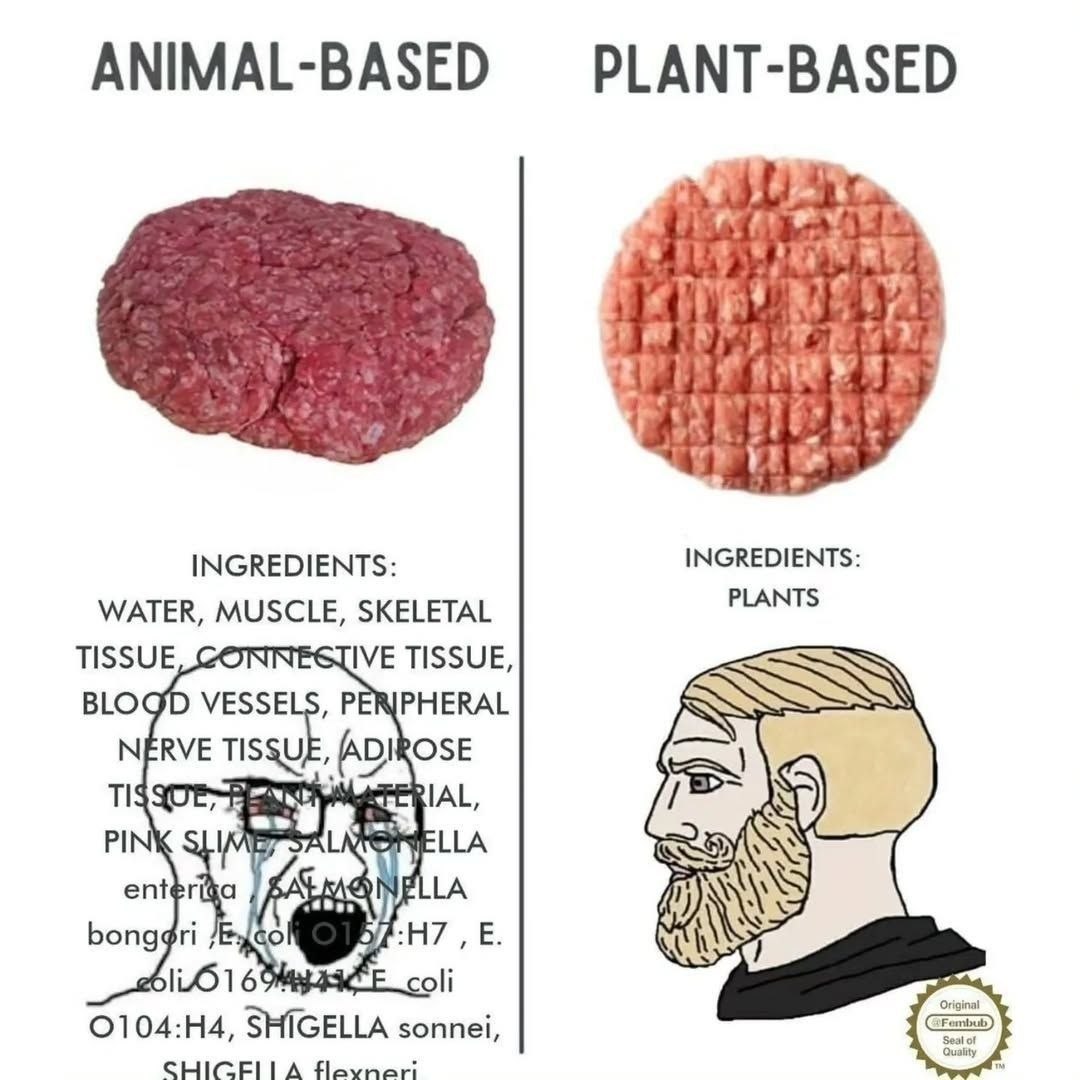 Сравнение animal-based и plant-based: у мясной котлеты абсурдно длинный список ингредиентов, у растительной — просто plants