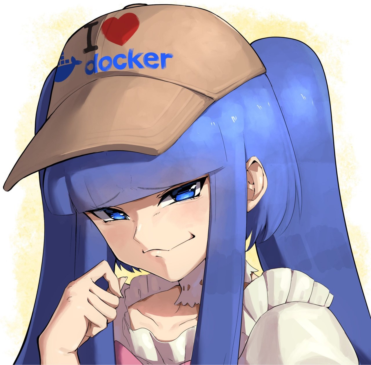 Синеволосая аниме-девушка в кепке с надписью «I ♥ docker» и логотипом Docker