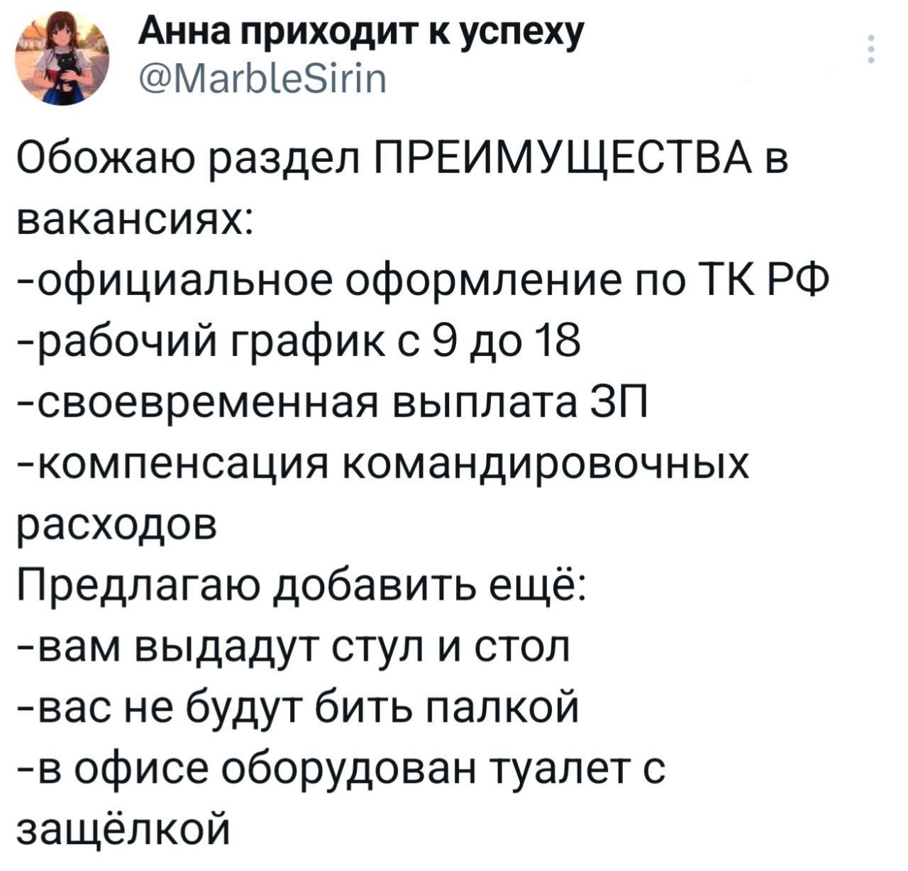 Анна приходит к успеху о вакансиях Скриншот твита, где пользователь иронично предлагает добавить в раздел преимуществ вакансий базовые условия труда, такие как стул, стол, отсутствие побоев и туалет с защёлкой.