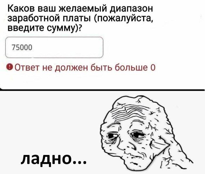 Ответ не должен быть больше 0 Мем про желаемый диапазон заработной платы, где в ответ на 75000 рублей система выдает ошибку, что ответ не должен быть больше 0, а персонаж Вояк смиренно отвечает: "Ладно..."