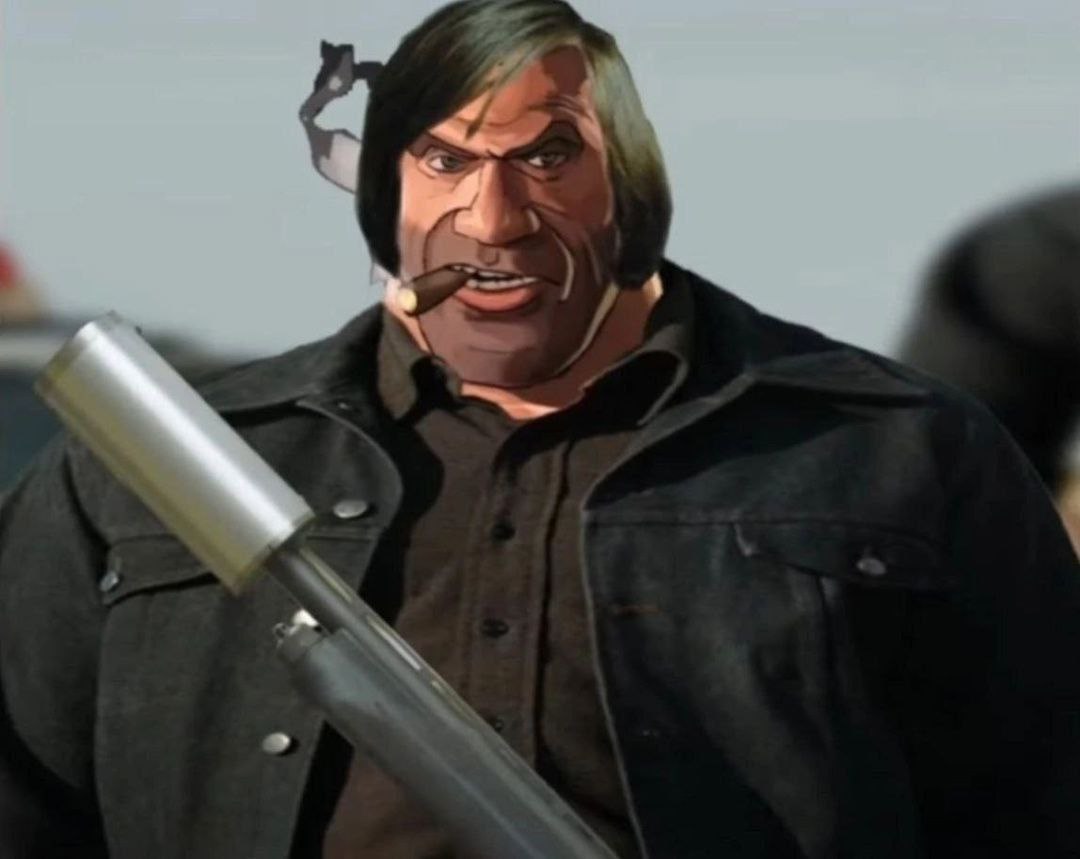 Антон Чигур из GTA Мужчина с сигарой и дробовиком, напоминающий Антона Чигура из фильма «Старикам тут не место», но с лицом, похожим на персонажа из игры Grand Theft Auto