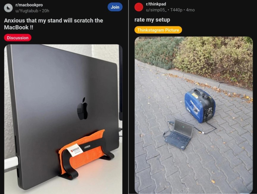Anxious that my stand will scratch the MacBook против rate my setup Сравнение двух постов с Reddit: пользователь "макбук про" беспокоится о царапинах, а пользователь "тинкпад" показывает свою установку с ноутбуком и генератором на улице
