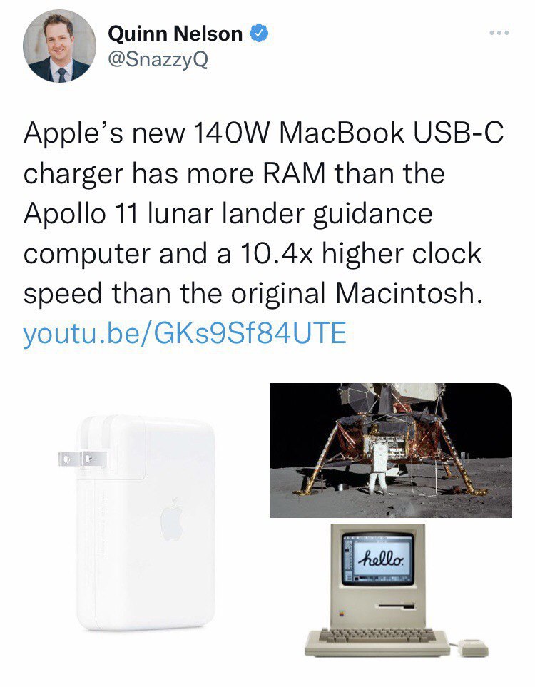 Apple's new 140W MacBook USB-C charger Новое зарядное устройство Apple MacBook USB-C на 140 Вт имеет больше оперативной памяти, чем компьютер лунного модуля «Аполлон-11»