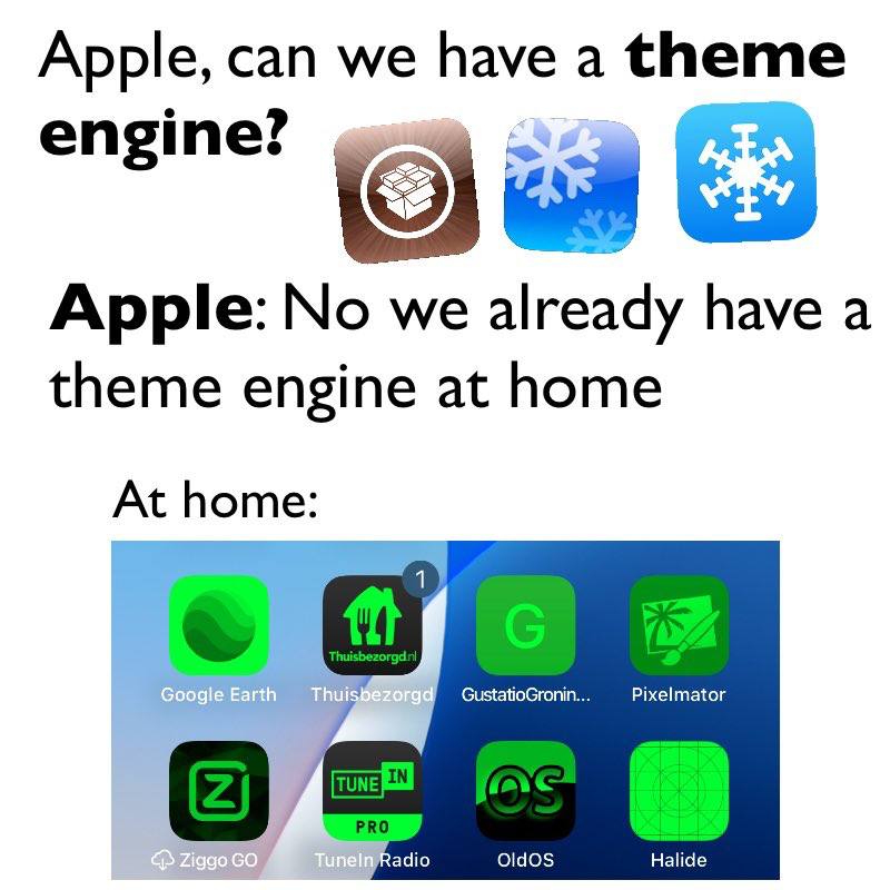 Apple отказывается добавлять theme engine, утверждая, что у неё уже есть такой движок дома — на скриншоте показан странный набор приложений с зелёными иконками.