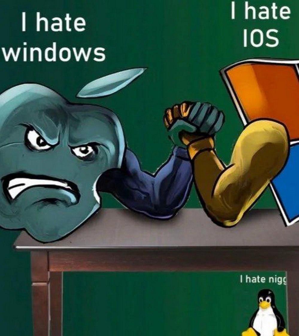 Борьба Apple и Windows Мем, где логотипы Apple и Windows борются на руках, а пингвин Linux наблюдает снизу.