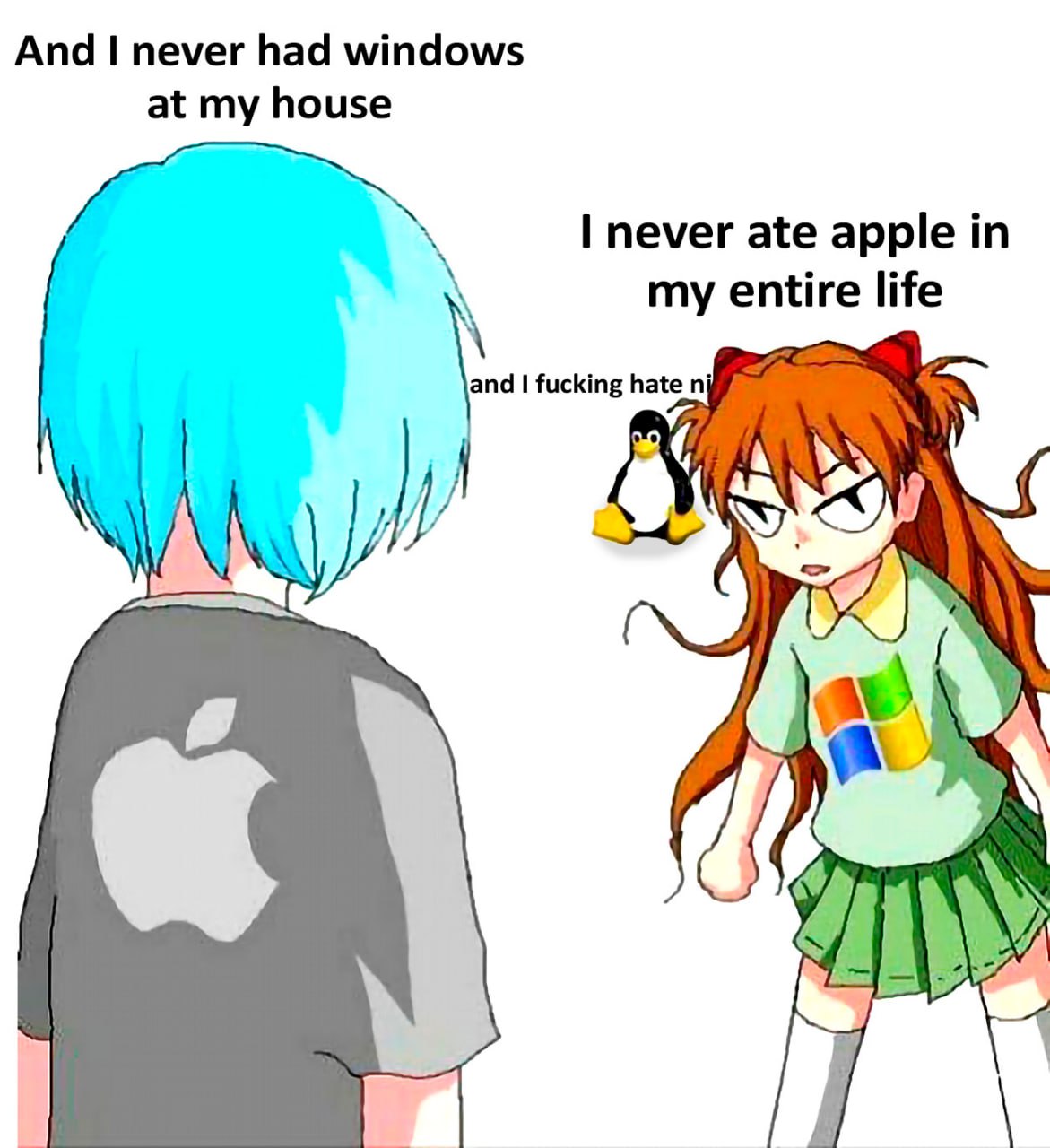 Мем про Apple, Windows и Linux Мем про операционные системы Apple, Windows и Linux с аниме персонажами и их противостоянием