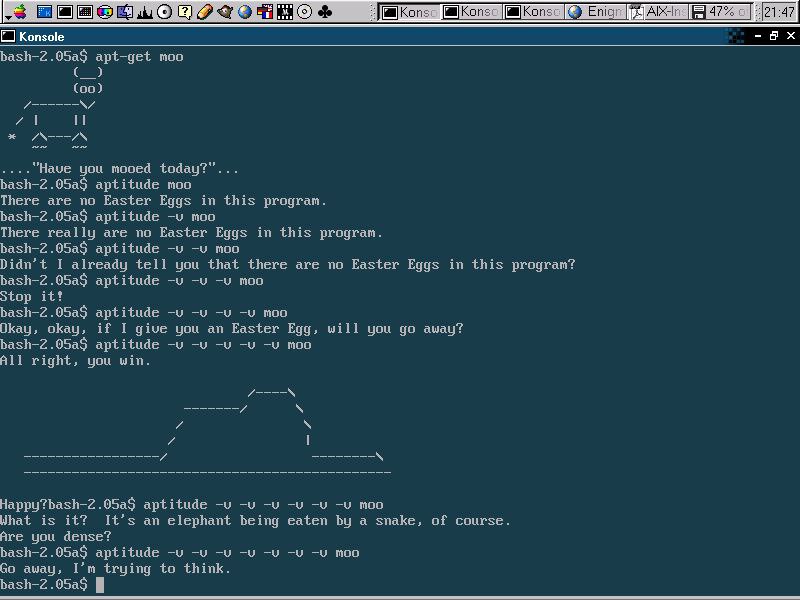apt-get moo Easter Egg Скриншот терминала Linux, где команды apt-get moo и aptitude -v moo вызывают ASCII-изображения коровы и слона, а также забавные сообщения, демонстрируя скрытое "пасхальное яйцо" в программе.