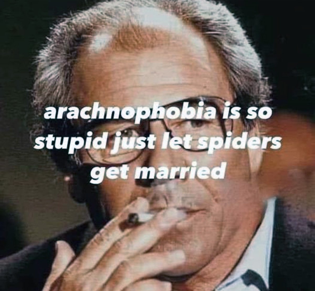 Arachnophobia is so stupid just let spiders get married Мужчина в очках, курящий сигарету, и надпись «Arachnophobia is so stupid just let spiders get married».