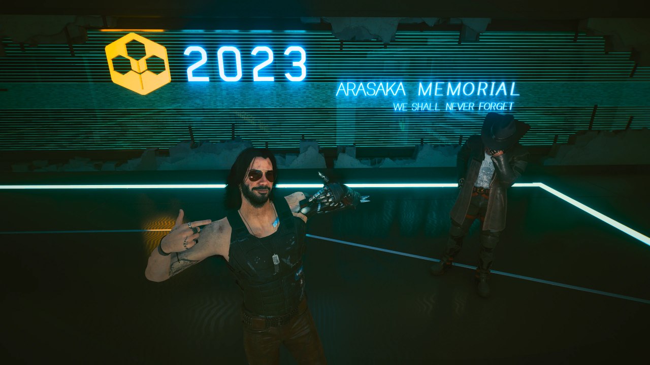 Мемориал Арасака 2023 Джонни Сильверхенд на фоне мемориала Арасака в Cyberpunk 2077, 2023 год
