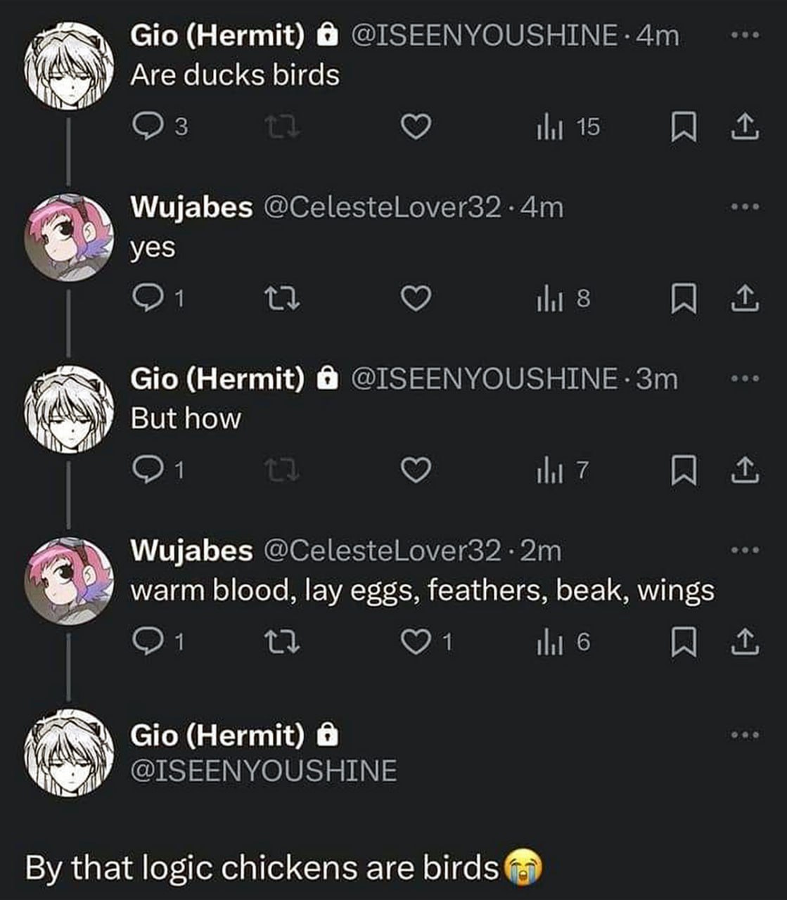 Are ducks birds Переписка в Твиттере о том, являются ли утки и курицы птицами.