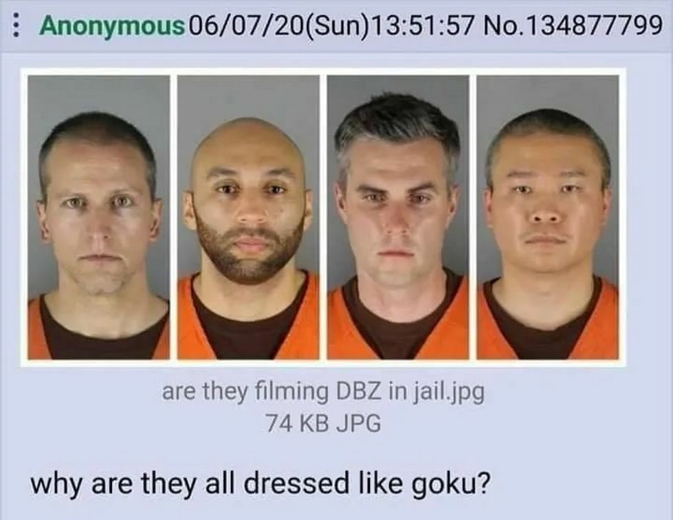 Они снимают DBZ в тюрьме? Мем с четырьмя полицейскими из Миннеаполиса в тюремной форме, похожей на одежду Гоку из аниме «Драконий жемчуг Зет»