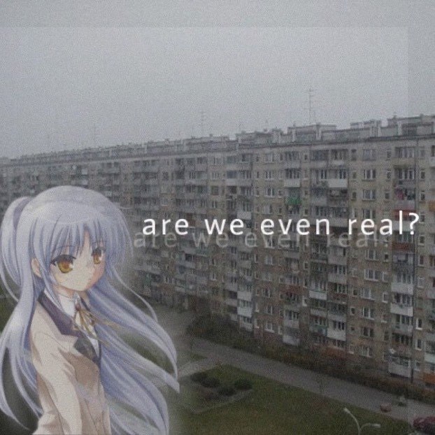 Аниме-девушка смотрит на серые панельные дома с надписью «Are we even real?» — «А мы вообще настоящие?»