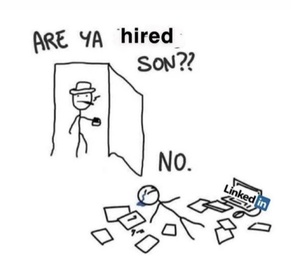 Are ya hired son Отец спрашивает сына, наняли ли его на работу, а сын лежит на полу и плачет.
